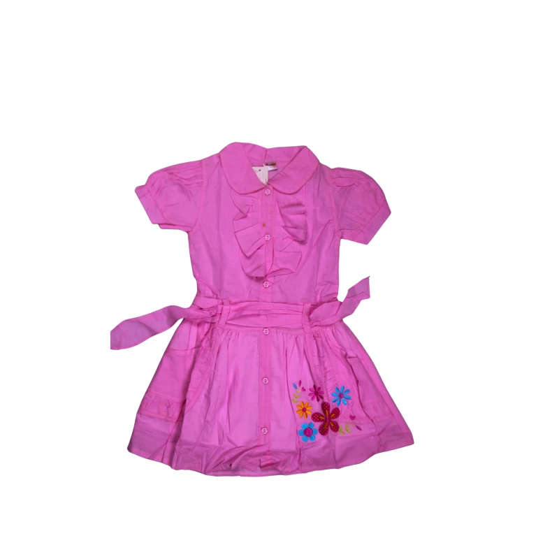 Pink Embroidered Floral Dress for Girls – Short Sleeves with Belt