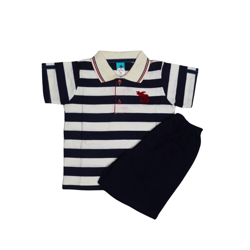 Kids Striped Polo Shirt & Navy Shorts Set for Boys – Navy and White