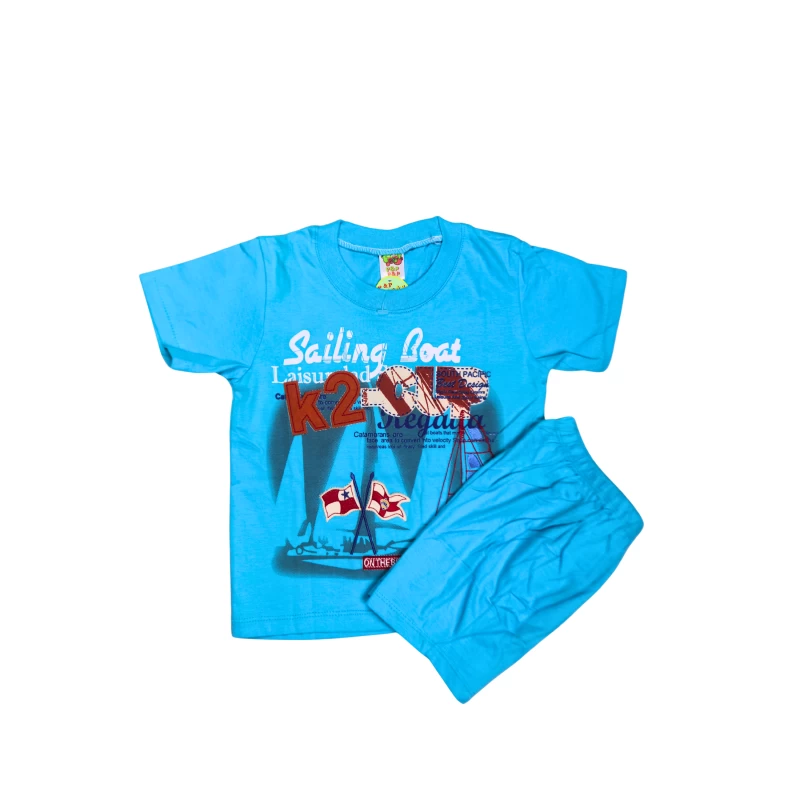 Bright Blue Sailing Boat Graphic T-Shirt & Shorts Set for Kids