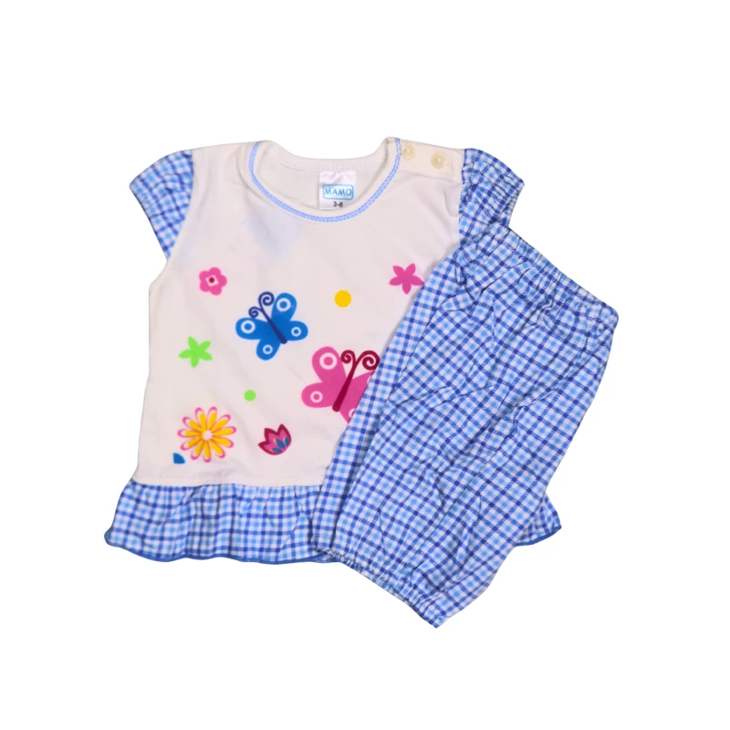 Girls' Short Sleeve Top & Checked Shorts Set – Floral Butterfly Print with Ruffle Hem