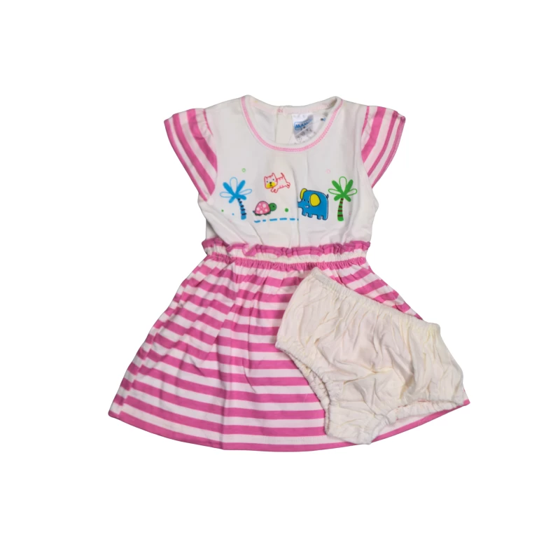 Girls’ Short-Sleeve Graphic Dress with Striped Skirt and Diaper Cover