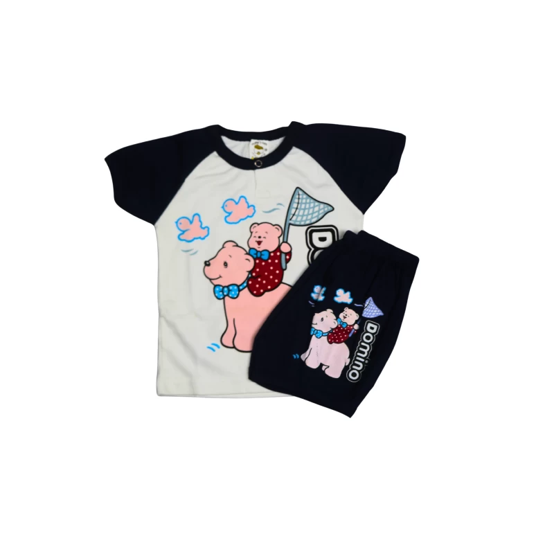 Navy & White Short-Sleeve Kids T-Shirt & Shorts Set with Polar Bear Cartoon