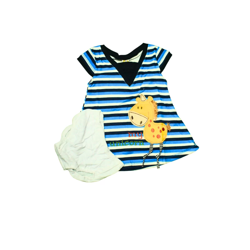 Kids Orange Striped Dress with Unicorn Graphic and Matching Bloomers