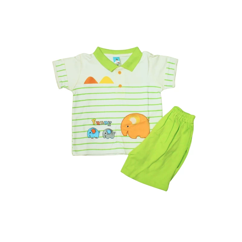 Kids Striped Polo Tee & Shorts Set with Cartoon Elephant/Animal Print