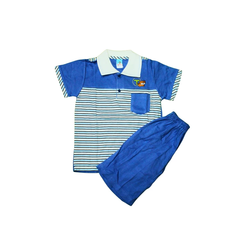 Boys Blue Striped Polo Shirt & Matching Shorts Set