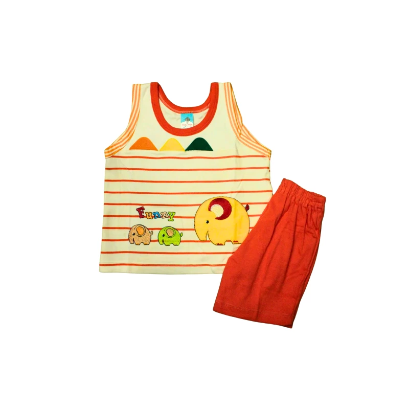 Kids Striped Tank Top & Black Shorts Set with Cute Elephant/Animal Print