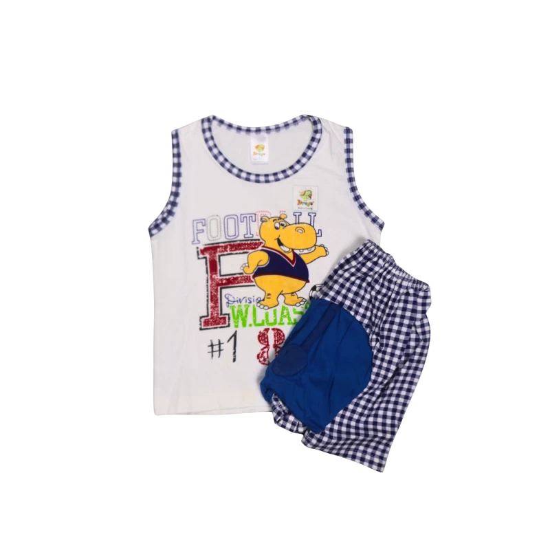 White & Navy Checkered Kids Tank Top & Shorts Set with Cartoon Bear Graphic